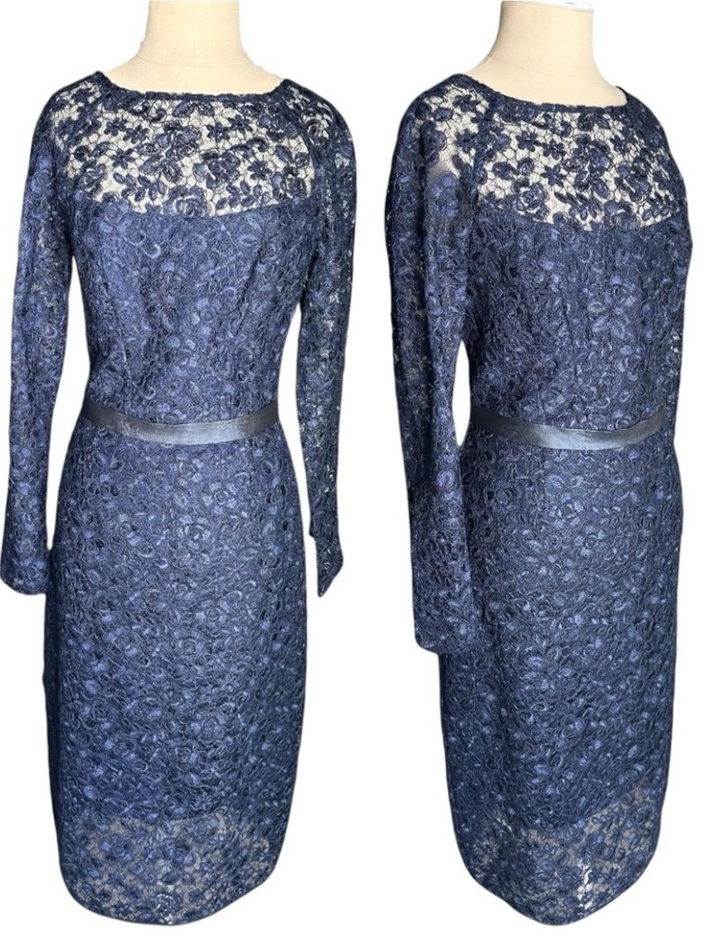 Monique Lhuillier Navy Floral Lace Long-Sleeve Sheath Dress